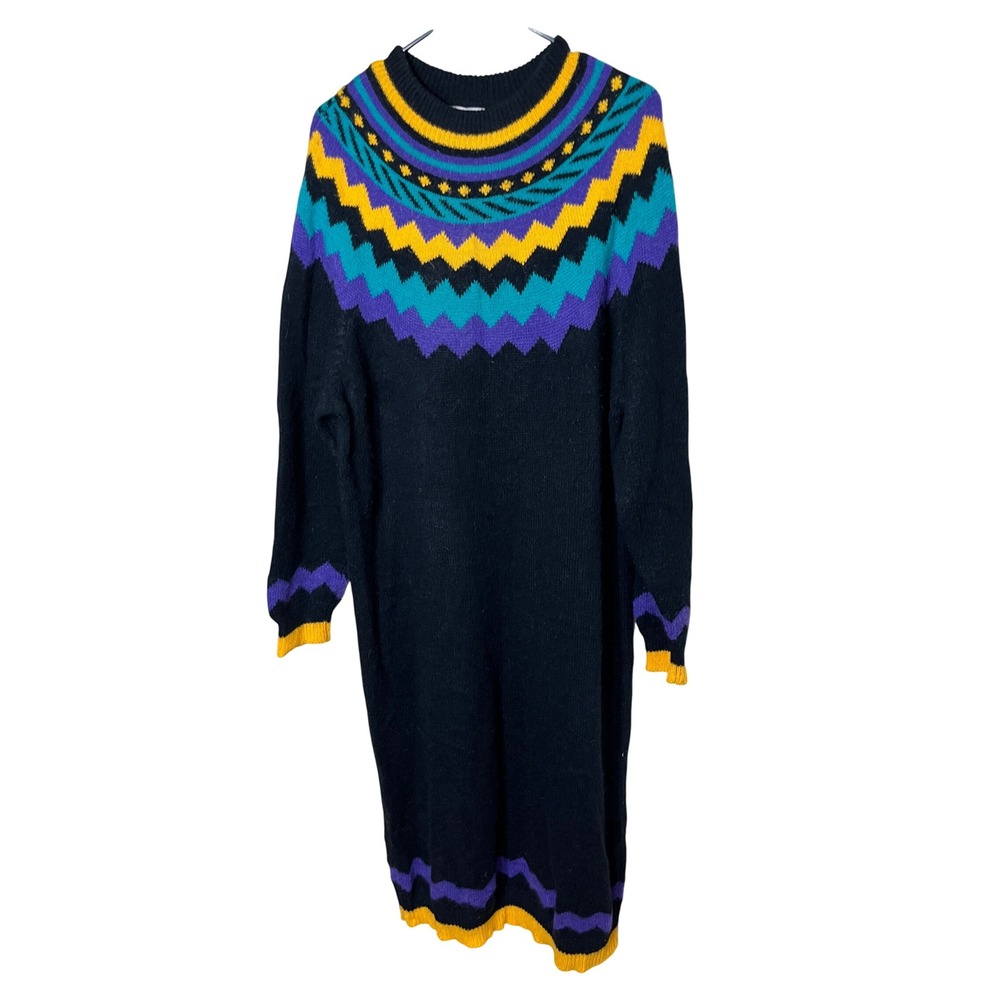 Stefano Sportswear Black Multi Color Geometric Fair Isle Knit Sweater Dress 20W‎